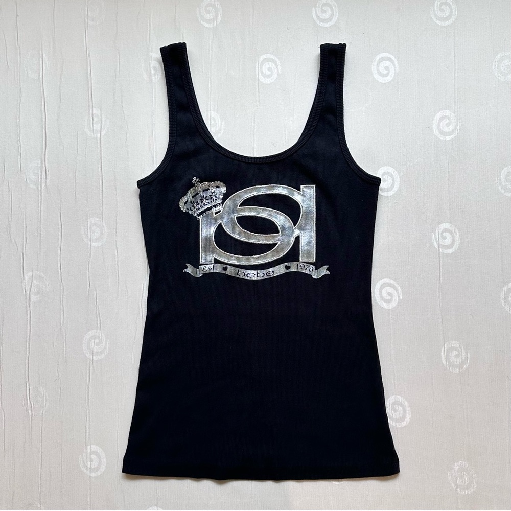 Bebe y2k graphic rhinestone logo ribbed black tank top size medium